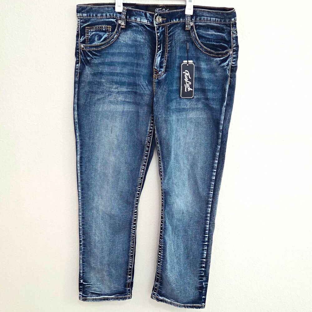 True Luck Men's Straight Fit Blue Denim Jeans Cotton Medium Wash 5-Pocket NWT